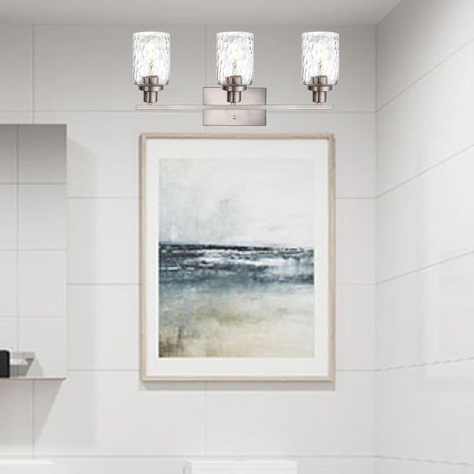 MELUCEE 3-Light Bathroom Lights Modern Vanity Lights Brushed Nickel Finish with Hammered Glass Shade, Industrial Wall Light Fixture for Bedroom Living Room Kitchen (Patent No.: US D963914 S)
