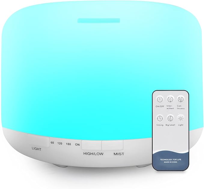 500ml Essential Oil Diffuser with Remote Control, BPA-Free Ultrasonic Humidifier with 7 Color Light,Auto Off Aromatherapy Diffuser