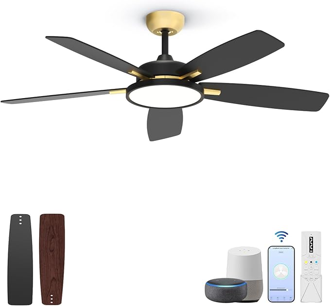 Roomratv Ceiling Fans with Lights,52 inch Smart Ceiling Fans with Dimmable LED Light Compatible with Google Home Alexa App Control(Black Gold