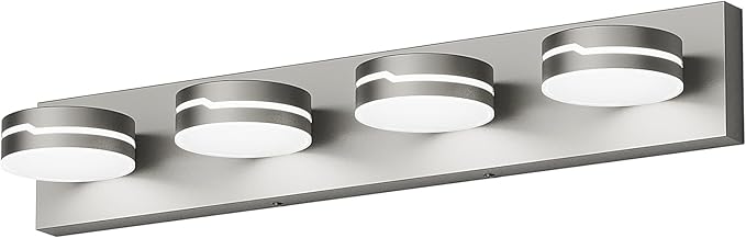 Modern 4-Light Brushed Nickel Bathroom Light Fixture for Bathroom Lighting Fixtures Over Mirror 24W Brushed Nickel Vanity Led Lighting with 350°Rotatable Acrylic Heads (Cool White 5500k)
