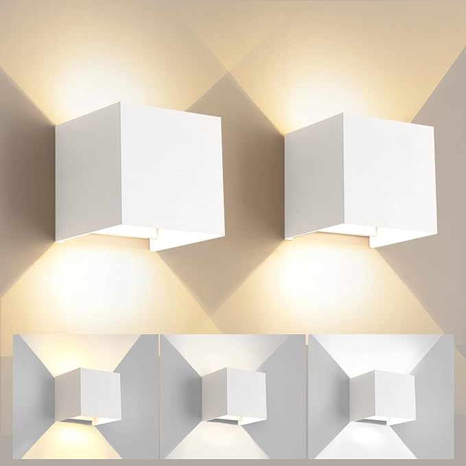 2 Pack LED Outdoor Wall Lights Exterior/Interior 3 Colors Adjustable 15W Wall Light Fixture IP65 Waterproof Porch Exterior Wall Sconce Modern Outdoor Lighting Square Aluminum White Up and Down Lights