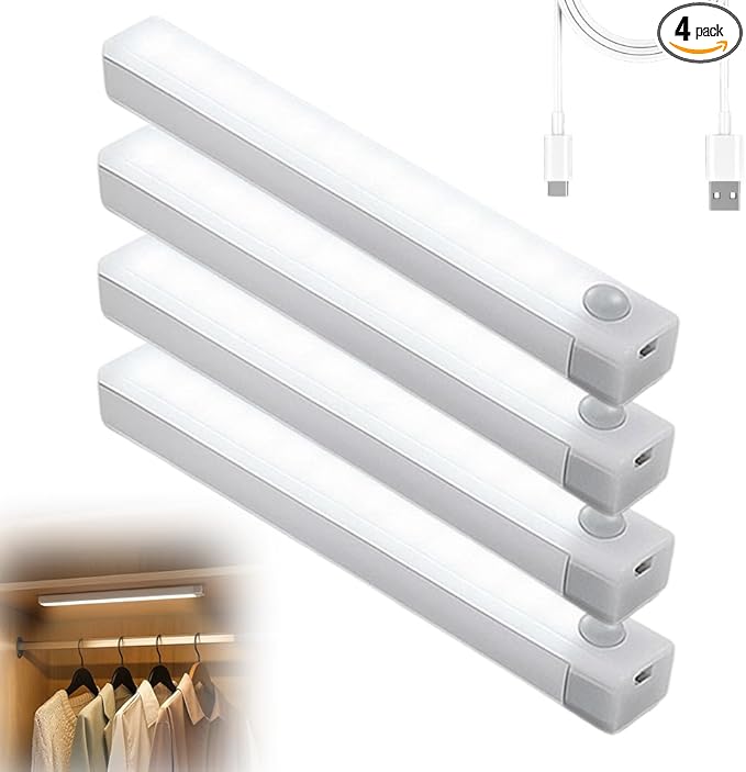 Punch-Free Smart Sensor Magnetic Rechargeable LED Lights, 2026 Upgraded Lntelligent Motion Sensor Light Strip, 3 Colors-Dimmable, Under Cabinet Lighting Wireless (4, Warm Light, 20cm/7.8in)