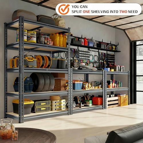 Garage Shelving Heavy Duty, 2450LBS Metal Storage Shelves 5 Tier, Adjustable Shelving Unit 30" W x 12" D x 62" H, Boltless Garage Storage Rack for Grage Basement, Pantry, Warehouse 1Pcs