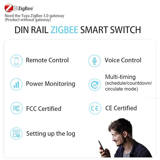 ZigBee DIY Smart Switch 20A| DIN Rail Switch| 1P+N 90-240VAC| Real-time Power Monitoring| Remote Control and Set Timer for Home Automation| Support Tuya/Smart Life| Voice Control| FCC Certified