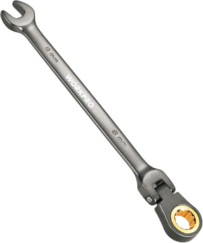 WORKPRO 8 mm Flex-Head Ratcheting Combination Wrench, Cr-V Constructed, Nickel Plating, 72-Teeth, 12 Point Design, Metric