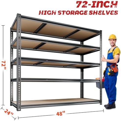 48"W Garage Shelving Heavy Duty ,5 Tier Metal Shelving Unit , 3050LBS,Black