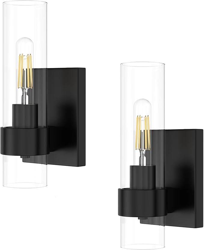 Zevluck Wall Sconces Set of 2, Matte Black Bathroom Vanity Light with Cylinder Clear Glass, Modern Hardwired Vanity Wall Lamps for Bathroom, Bedroom, Living Room, Stairs, Hallway