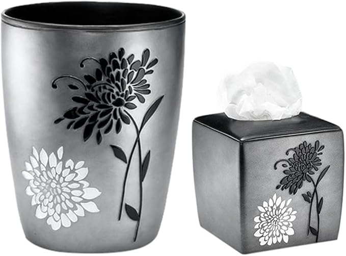 Zahari Home 2pc Erica Bathroom Decor Set Waste Basket for Bathroom & Tissue Cover Modern Classic Decor Stylish Unique Design Beautiful Grey Bathroom Accessories Set