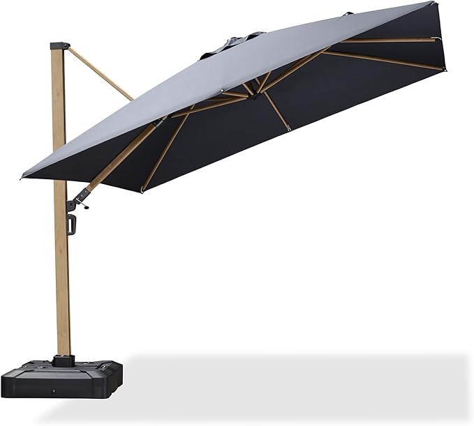 PURPLE LEAF 10FT Patio Umbrella Square Cantilever Umbrella Teak Finished Aluminum Frame Large Windproof Offset Outdoor Sun Umbrellas for Beach Pool Deck, Grey