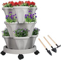 GameXcel Vertical Planter Tower - 3 Tier Stackable Garden Planters with Wheels and Tools Plant Pots for Strawberry Herb Flower and Vegetable Indoor Outdoor Use Gray
