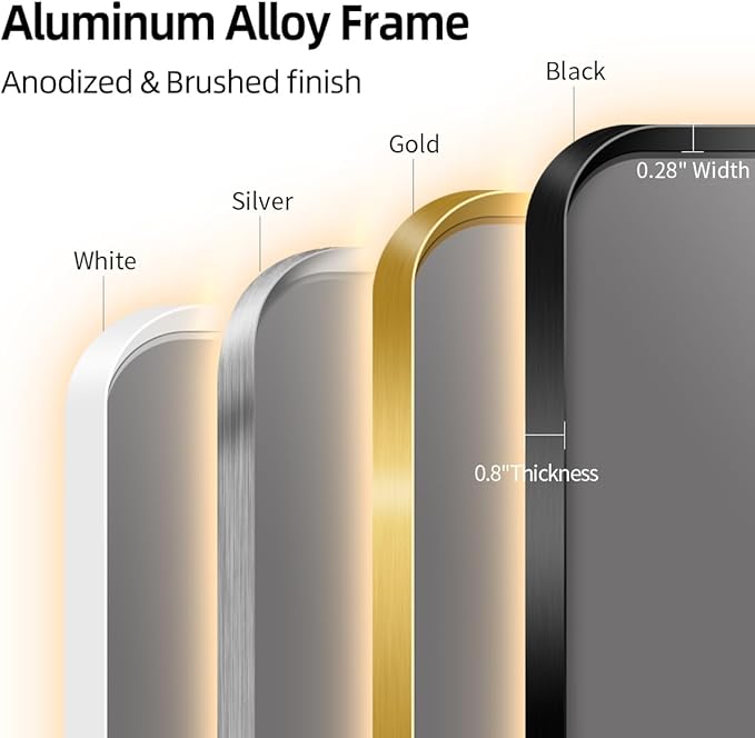 30 x 36 Gold LED Bathroom Mirror, Metal Framed Rounded Corner Rectangle Backlit Mirror Bathroom, Anti-Fog, 3-Color Stepless Dimmable Lighted Mirror, Motion Sensor Lights, Memory Function