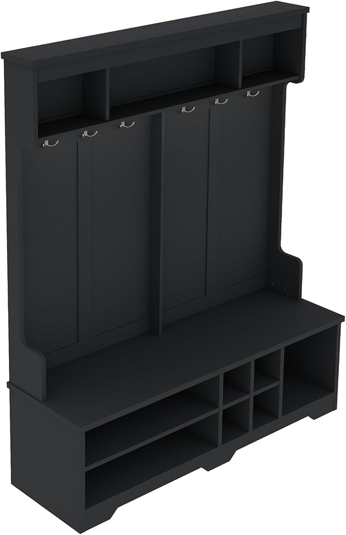 Modern Hall Tree with Metal Hooks and Storage Space, Wood Multi-Functional Entryway Coat Rack with Shoe Cubbies for Hallway Living Room Bedroom (Black/r11)