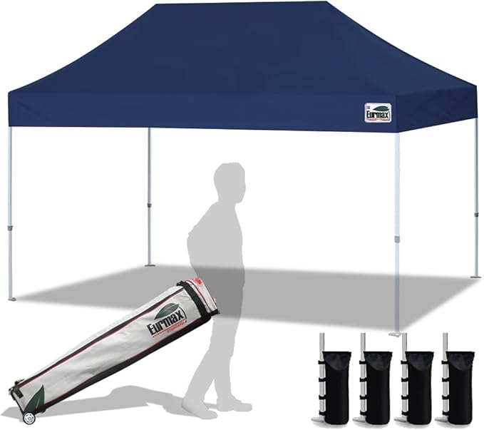 Eurmax USA 10'x15' Pop Up Canopy Tent Commercial Instant Canopies with Heavy Duty Roller Bag,Bonus 4 Sand Weights Bags (Navy Blue)