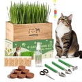 Cat Grass Kit for Indoor Cats - 5 Packets of Seeds, Cat Grass Planter Wooden Growing Kit, 5-Time Plant Starter Pack with 6 Soil Discs, Trimming Scissors, Spray Bottle, and Mini Tools