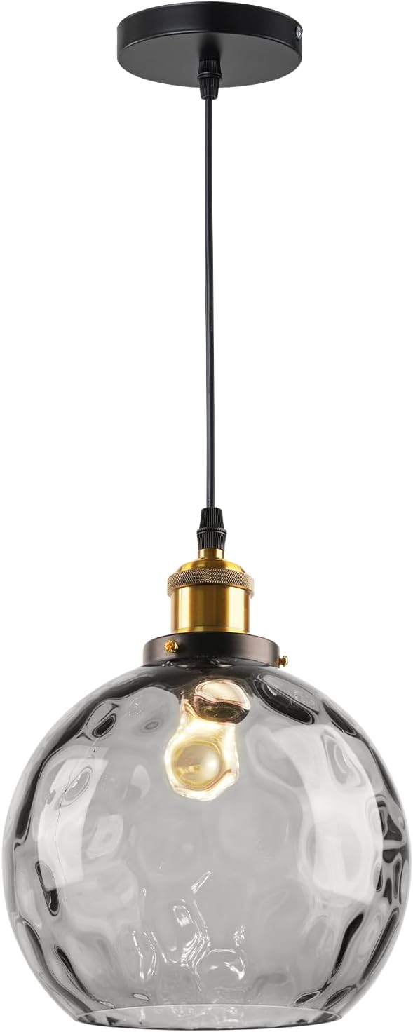 Smoke Gray Glass Pendant Light, Vintage Pendant Lights Kitchen Island Dining Room Pendant Lighting with Hammered Globe Shade, Industrial Hanging Light 1-Light Chandelier for Bedroom Home Bar