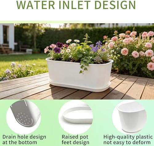 5-Pack White Herb Planter Box with Drip Trays, 8.5 Inch Small Oval Window Planters for Kitchen Sill, Indoor Outdoor, Perfect for Basil, Mint, Succulents, Flowers