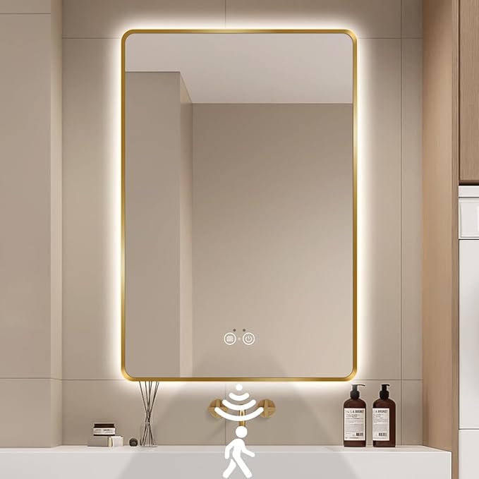 Gold LED Bathroom Mirror, 36"x28" Smart Mirror with Infrared Motion Sensor Lights, Anti Fog, Stepless Dimmable & Color Temperature Adjustment, Wall Mounted Vanity Mirror Backlit, CRI≥93