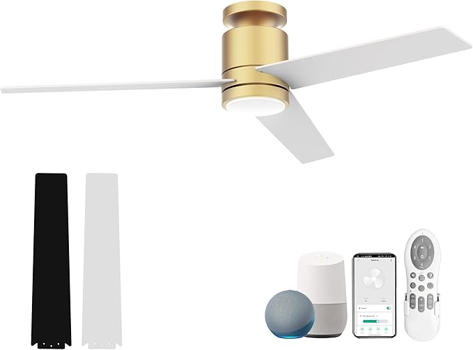 52” Smart Flush Mount Ceiling Fans with Lights Remote,Quiet DC Motor,Outdoor Indoor Low Profile Ceiling Fan,Voice Control via WiFi Alexa App,Modern Gold and White Black Fan for Bedroom Patio
