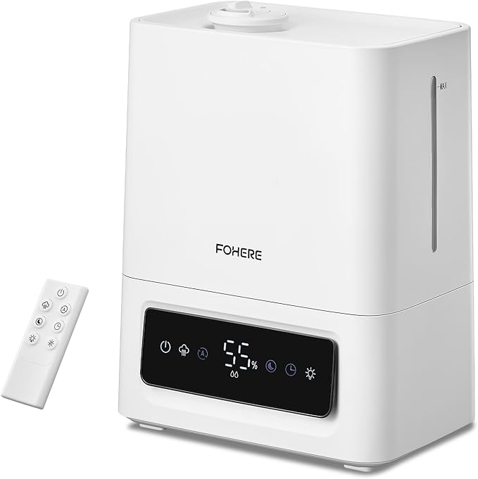 FOHERE 6L Humidifiers for Bedroom, 60H Cool Mist Humidifier for Large Room, 28dB Ultra-Quiet Runtime for Baby, Indoor, Plants, Smart Humidity Sensor, 16H Timer, Night Light, Oil Diffuser, White