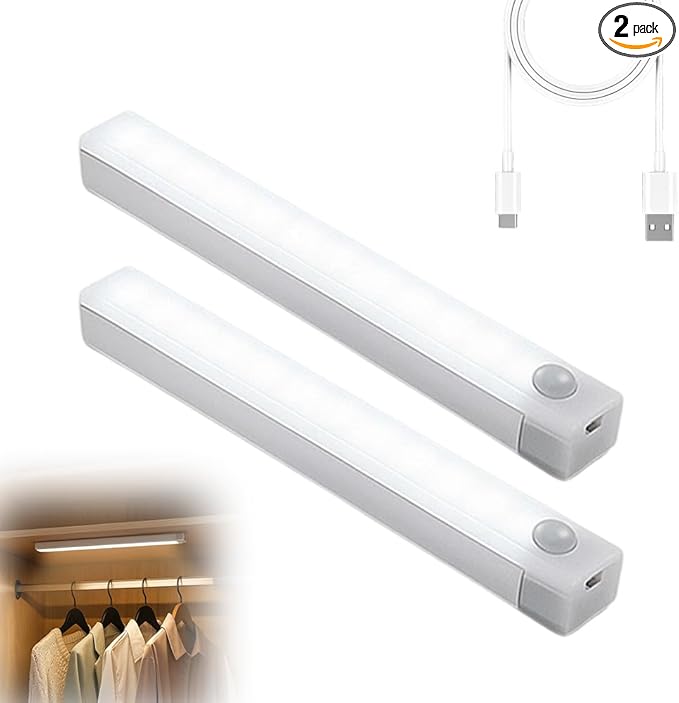 Punch-Free Smart Sensor Magnetic Rechargeable LED Lights, 2026 Upgraded Lntelligent Motion Sensor Light Strip, 3 Colors-Dimmable, Under Cabinet Lighting Wireless (2, White Light, 10cm/3.9in)