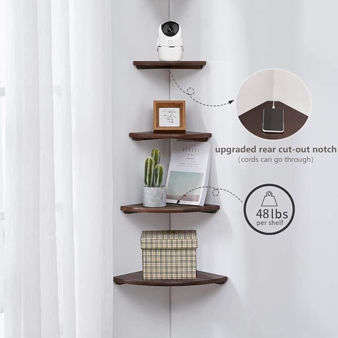 Corner Shelf,16inch Walnut Solid Wood Floating Corner Shelves Wall Mount Round End Floating Speaker Rack with Wire Hole for Small Plant for Bedroom Kitchen, Living Room