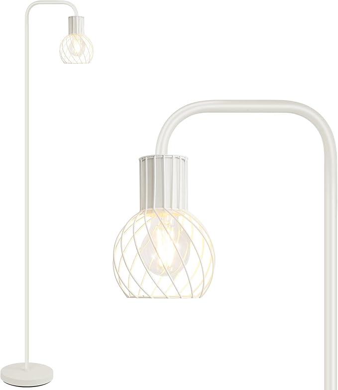 Industrial Floor Lamp, White Standing Lamp Modern with 6W LED Bulb, Foot Switch, Metal Tall Floor Lamps for Living Room, Bedroom, Office, Den, Vintage Stand Up Light, Minimalist Mid Century Pole Lamp