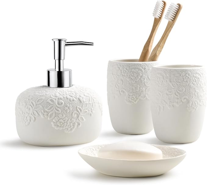Bathroom Accessories Set with Embossed Design 4PCS, Ceramic White Bathroom Accessory Set Bathroom Toothbrush Holder Set Home Decor, 1 Soap Dispenser 13.5oz, 2 Tumbler Cup, 1 Soap Dish, ANTIS'S HOME