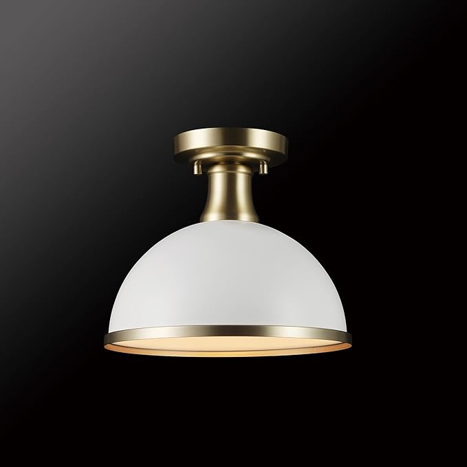 GLOBE Electric 66000037 1-Light Semi-Flush Mount Ceiling Light, Matte White, Brass Accents, Bedroom Lighting Fixtures Ceiling, Dining Room Fixture, Timeless Lighting for Hallway or Dining Room