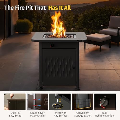 28" Outdoor Propane Fire Pit Table | 50,000 BTU Gas Fire Pit Table for Outside with Magnetic Lid | Storage Basket & Lava Rocks | CSA Certified for Patio, Garden & Backyard | Black
