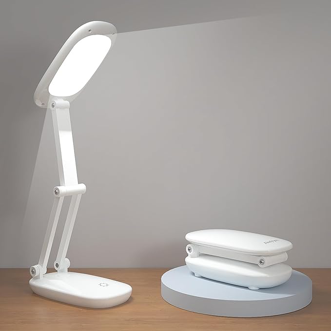 Akejrym LED Desk Lamp for Office Home & Battery Operated Lamp Rechargeable Lamp Foldable & Portable Light, [2-Fold Bracket] 3 Brightness Dimmable Small Desk Lamp Wireless Reading Lamp (White)