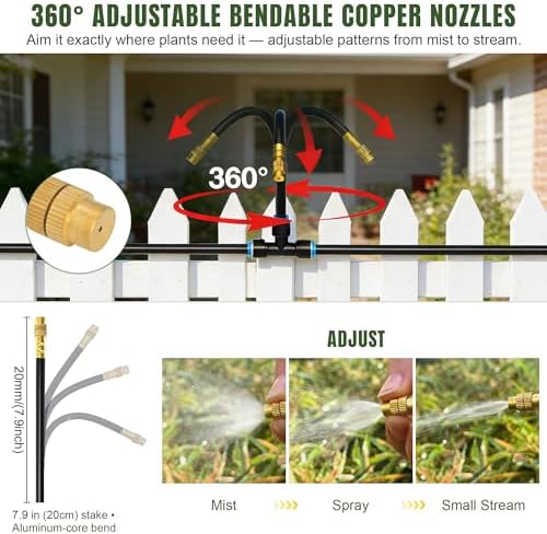 66FT Drip Irrigation System Kit Dual-Zone Garden Atomizing Watering System with 20 Copper 360° Adjustable Bendable Nozzles, Y-Splitter, Leak-Proof 1/4" Misting System for Garden Greenhouse Raised Beds