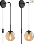Wall Sconces Set of Two Matte Black 🔥🔥🔥 Wall Lights for Bedroom Plug in Wall Sconces Set of 2 with Globe Amber Glass Shade Indoor Wall Lamp with Plug in Cord Sconces Wall Decor Set of 2 with Switch