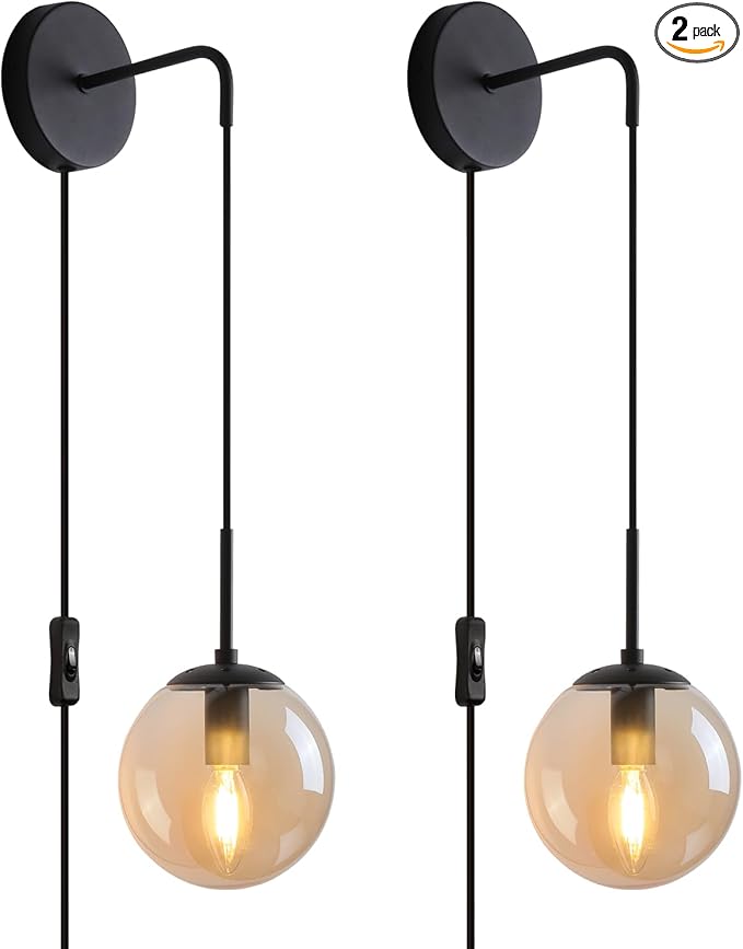 Wall Sconces Set of Two Matte Black 🔥🔥🔥 Wall Lights for Bedroom Plug in Wall Sconces Set of 2 with Globe Amber Glass Shade Indoor Wall Lamp with Plug in Cord Sconces Wall Decor Set of 2 with Switch