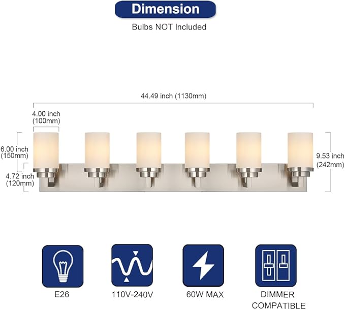TODOLUZ Vanity Lights 6-Lights Bathroom Lighting Over Mirror, Wall Light Fixture Home Wall Lamp for Dining Room Dress Table, E26 Bulb Base