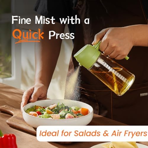 TrendPlain 16oz/470ml Glass Olive Oil Sprayer for Cooking – 2 in 1 Olive Oil Dispenser Bottle for Kitchen Gadgets and Air Fryer Accessories, Salad, BBQ - Green