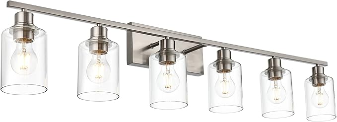 VINLUZ 6 Light Bathroom Lighting Fixture in Brushed Nickel Finish,Classic Metal Wall Mounted Lamp Over Mirror with Clear Glass Shade Industrial Vanity Light