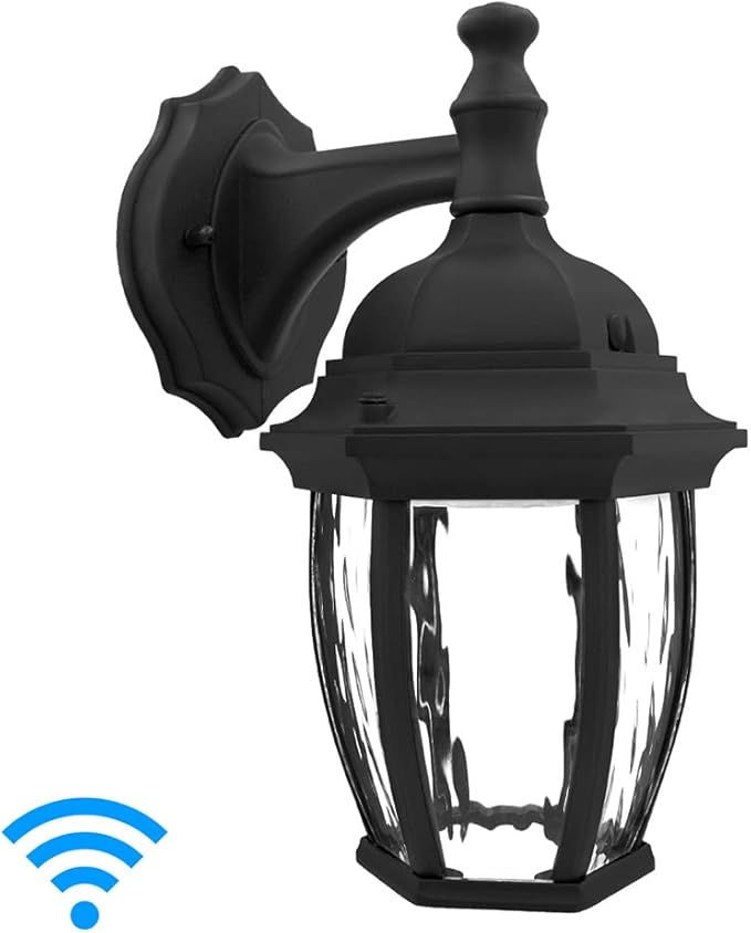 Maxxima Luvoni Smart WiFi LED Outdoor Wall Light, Black w/Clear Water Glass, App Controlled Porch Lantern, 850 Lumens, CCT 2700K - 6500K, Dimmable, Works with Google Home/Alexa
