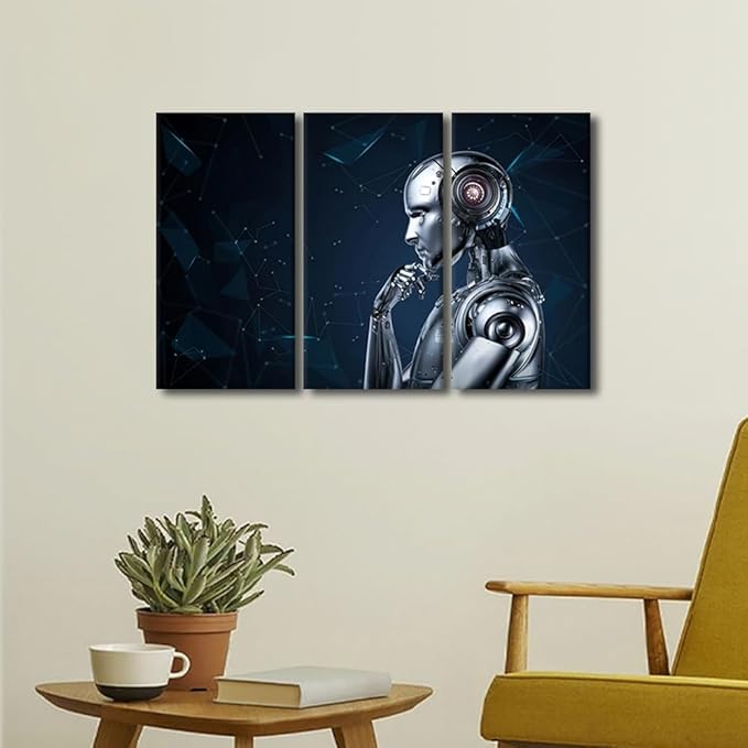 TUMOVO AI Intelligence Prints Wall Art Home Wall Decorations Robot Large Wall Decor 3 Pieces Robot Canvas Wall Art AI Artwork for Home Office Decoration Framed Ready to Hang, 36" Wx24 H