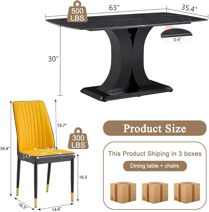 Modern Dining Table Set for 6, Marble Kitchen Table Chair Set for 6, Rectangular Kitchen Table with 6 Pu Leather Upholstered Chair for Dining Room (Black, Yellow)