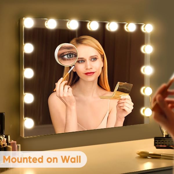 M MIVONDA Hollywood Vanity Mirror with Dimmable 15LED Bulbs Lights 3 Lighting Modes 2in1 Large Lighted Makeup Mirror for Desk and Wall with Plug-in and USB Charger Port