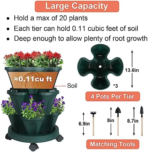 GameXcel Vertical Planter Tower - 3 Tier Stackable Garden Planters with Wheels and Tools Plant Pots for Strawberry Herb Flower and Vegetable Indoor Outdoor Use Green