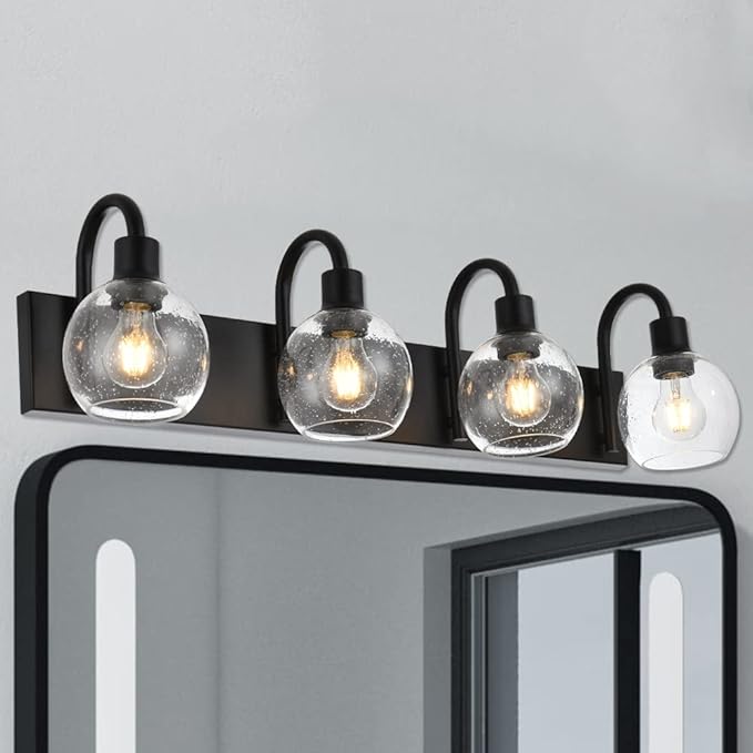 4-Lights Bathroom Vanity Light Fixtures with Seeded Glass Lampshades Black Industrial Wall Lighting for Over Mirror