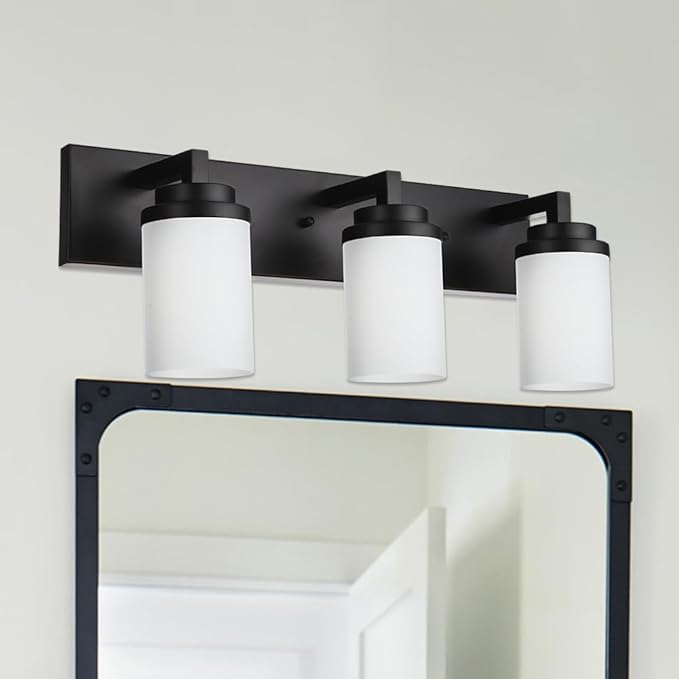TODOLUZ Wall Sconce Lighting Over Mirror, 3-Lights Matte Black Bathroom Vanity Light Fixtures with Opal White Glass, Wall Mount Bath Light for Dressing Table Hallway Bedroom