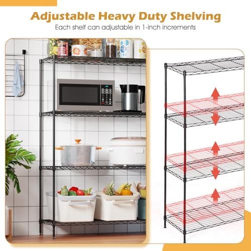 PayLessHere 4 Tier Shelving Unit 13.4" D× 35W×53.7" H Metal Shelving Standing Storage Shelf with 4 Steel Frame Adjustable Layer Racks Metal Commercial Shelf for Kitchen, Garage (Black)