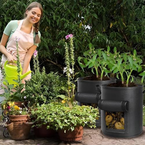 4 Packs 10 Gallon Potato Grow Bags, Heavy Duty Nonwoven Fabric Pots with Handles for Planting Vegetables, Flowers
