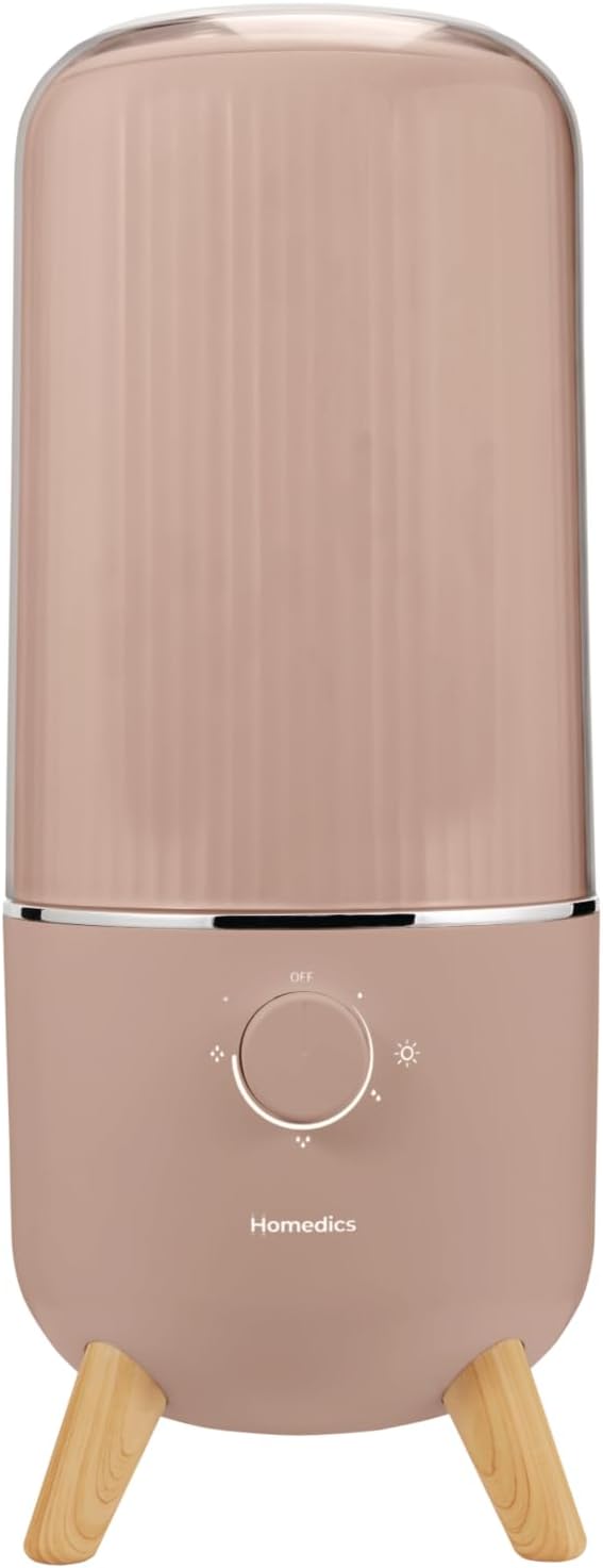 Homedics Ultrasonic Humidifier, Bedrooms and Home Offices, 0.97-Gallon Tank, 45-Hour Runtime, Visible Ultra-Quiet Cool Mist, Aromatherapy, Demineralization Cartridge, Night-Light, Auto-Off, Taupe