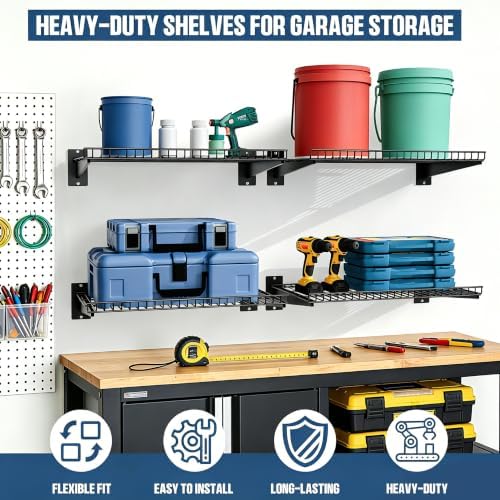 Garage Wall Shelving 24"x16.5" 4-Pack, Wall Mounted Shelves, Black
