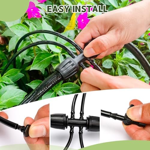 100FT 1/4 Inch Drip Irrigation kit Tubing Distribution Hose Tube for Garden Drip Irrigation System (Includes 2 Pack 6-Way Connector and 20pcs 1/4" Tee Splitters and End Plugs)