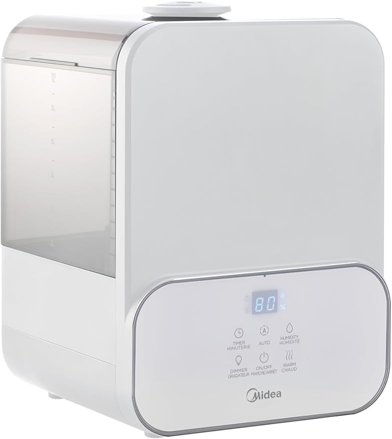 Midea 6L (1.6 Gal) Warm & Cool Mist Ultrasonic Humidifier, Top Fill Design, Smart Humidity Control with Auto Mode, 24-Hour Runtime, Essential Oil Tray, Timer & Night Light, White