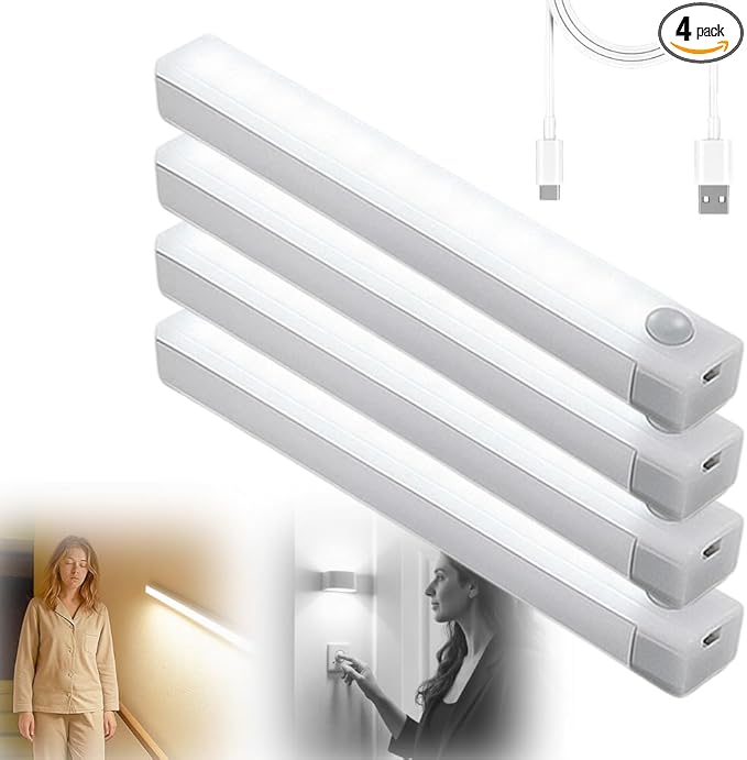 Punch-Free Smart Sensor Magnetic Rechargeable LED Lights, 2026 Upgraded Lntelligent Motion Sensor Light Strip, 3 Colors-Dimmable, Under Cabinet Lighting Wireless (4, White Light, 20cm/7.8in)